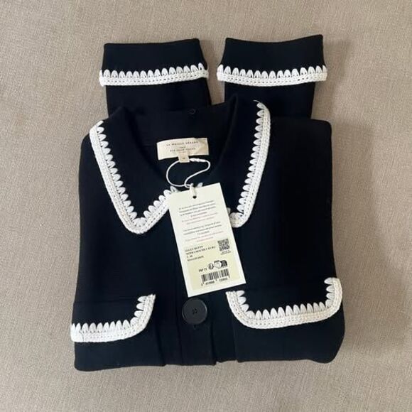 NWT Sezane Betty Cardigan Black Ecru Crochet Size M - Picture 3 of 7